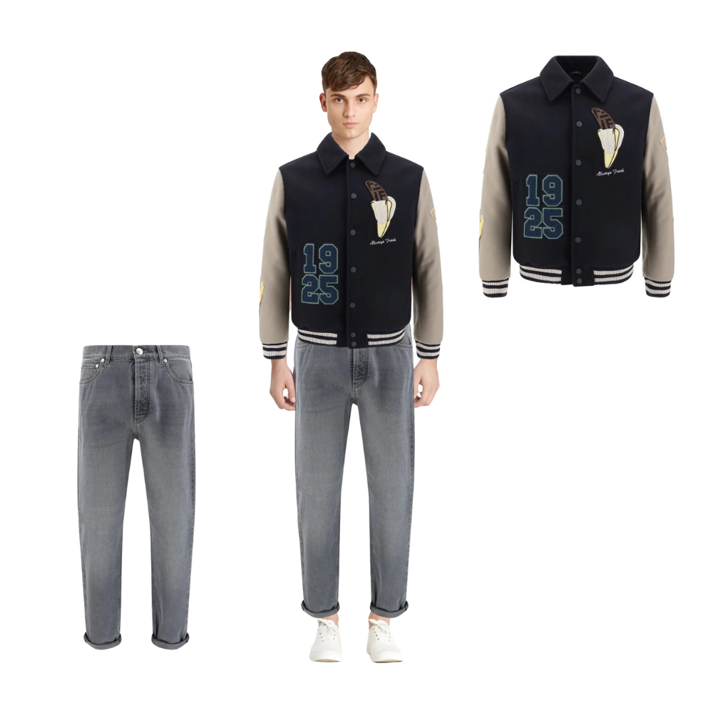 Fendi College-Style Bomber Jacket & Brunello Cucinelli Jeans