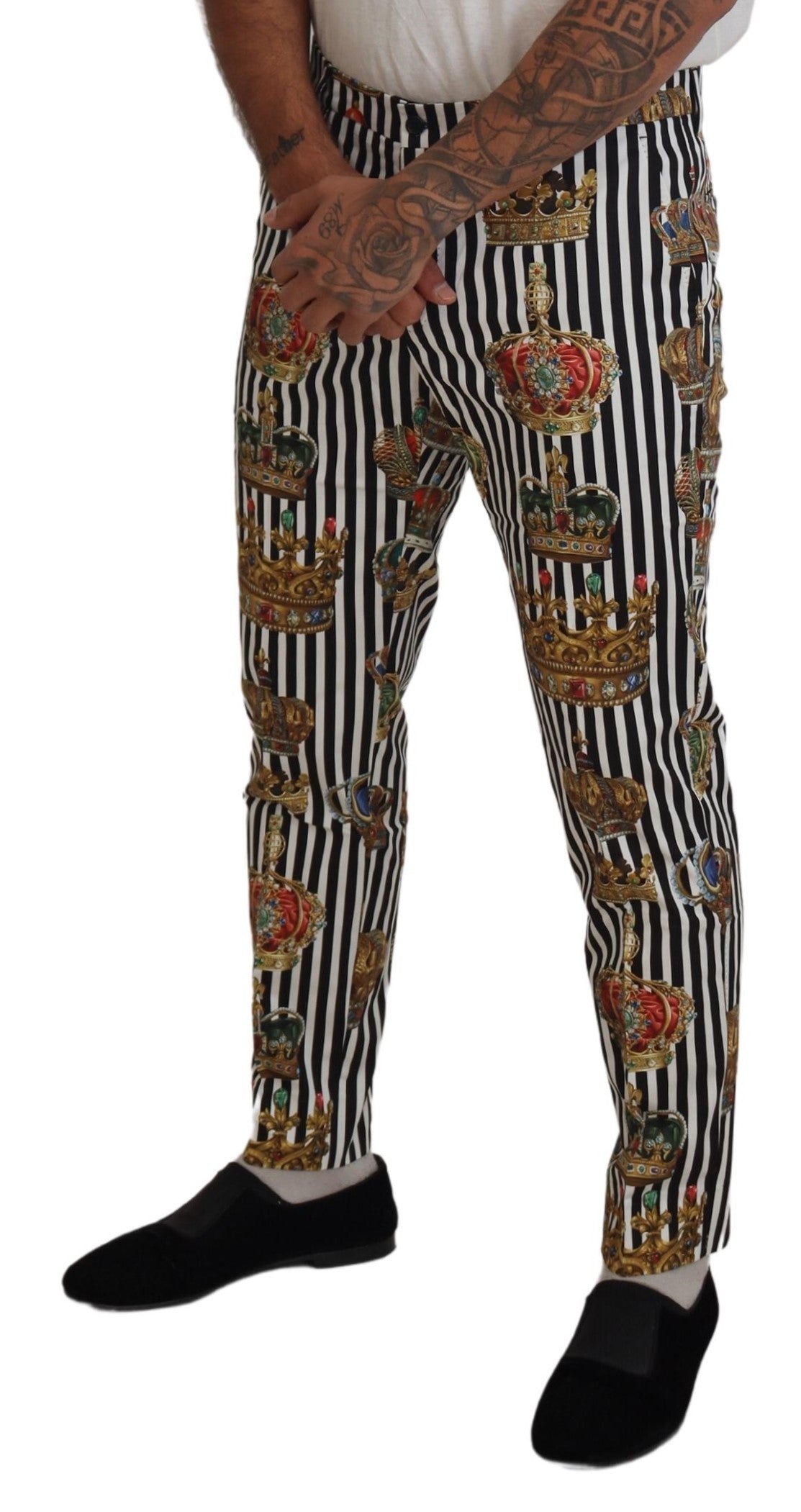 Dolce & Gabbana Elegant Gold Crown Stripe Chino Pants