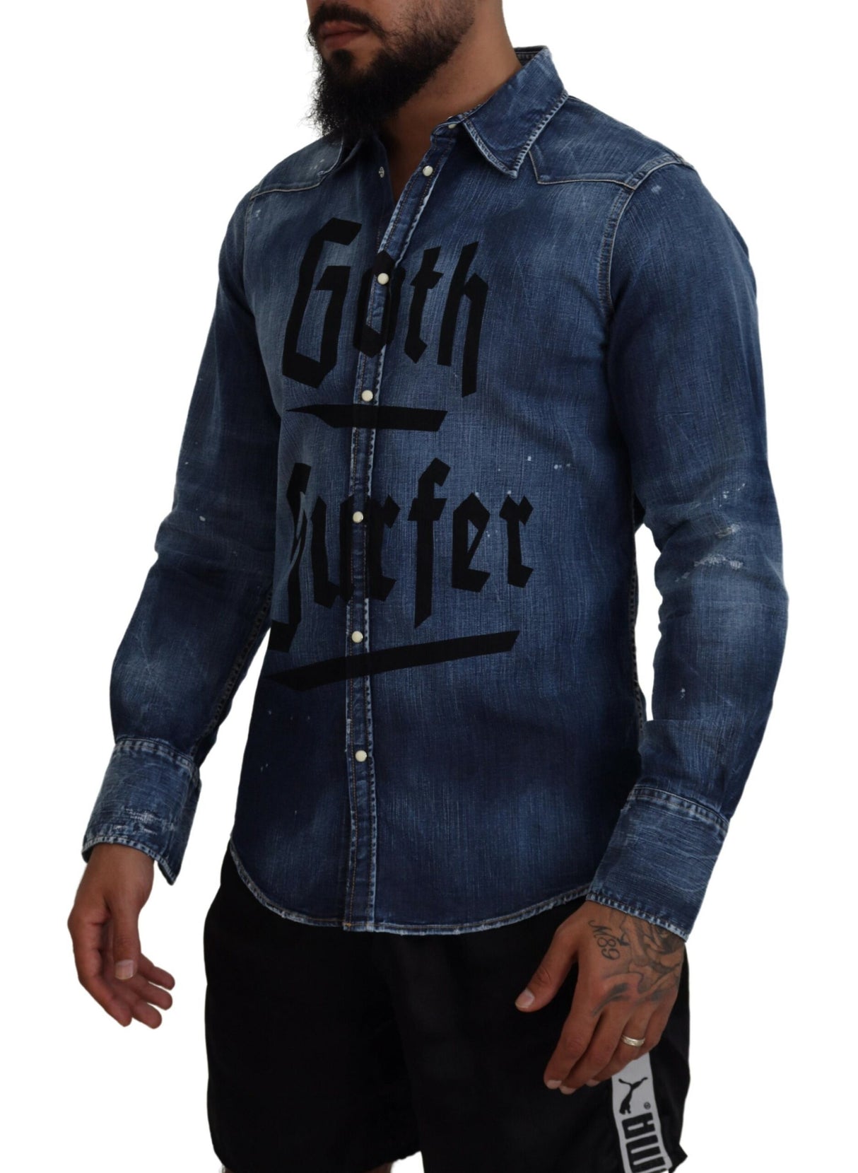 Dsquared² Blue Washed Goth Surfer Print Men Denim Shirt