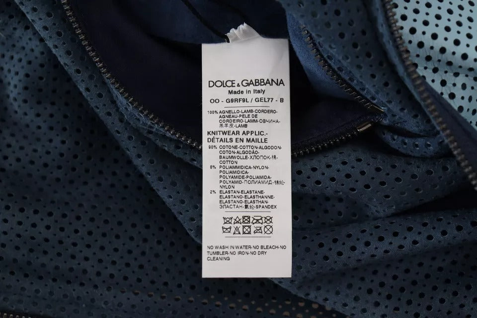 Dolce & Gabbana Blue Leather Perforated Full Zip Jacket