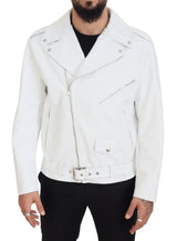 Dolce & Gabbana White Leather Biker Coat Zipper Jacket