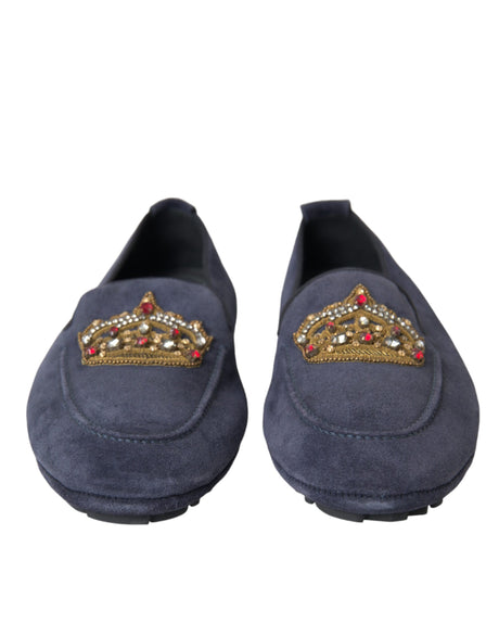 Dolce & Gabbana Blue Leather Suede Crystal Crown Loafers Shoes