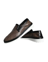 Dolce & Gabbana Brown Black Leather Weaved Men Loafers Shoes