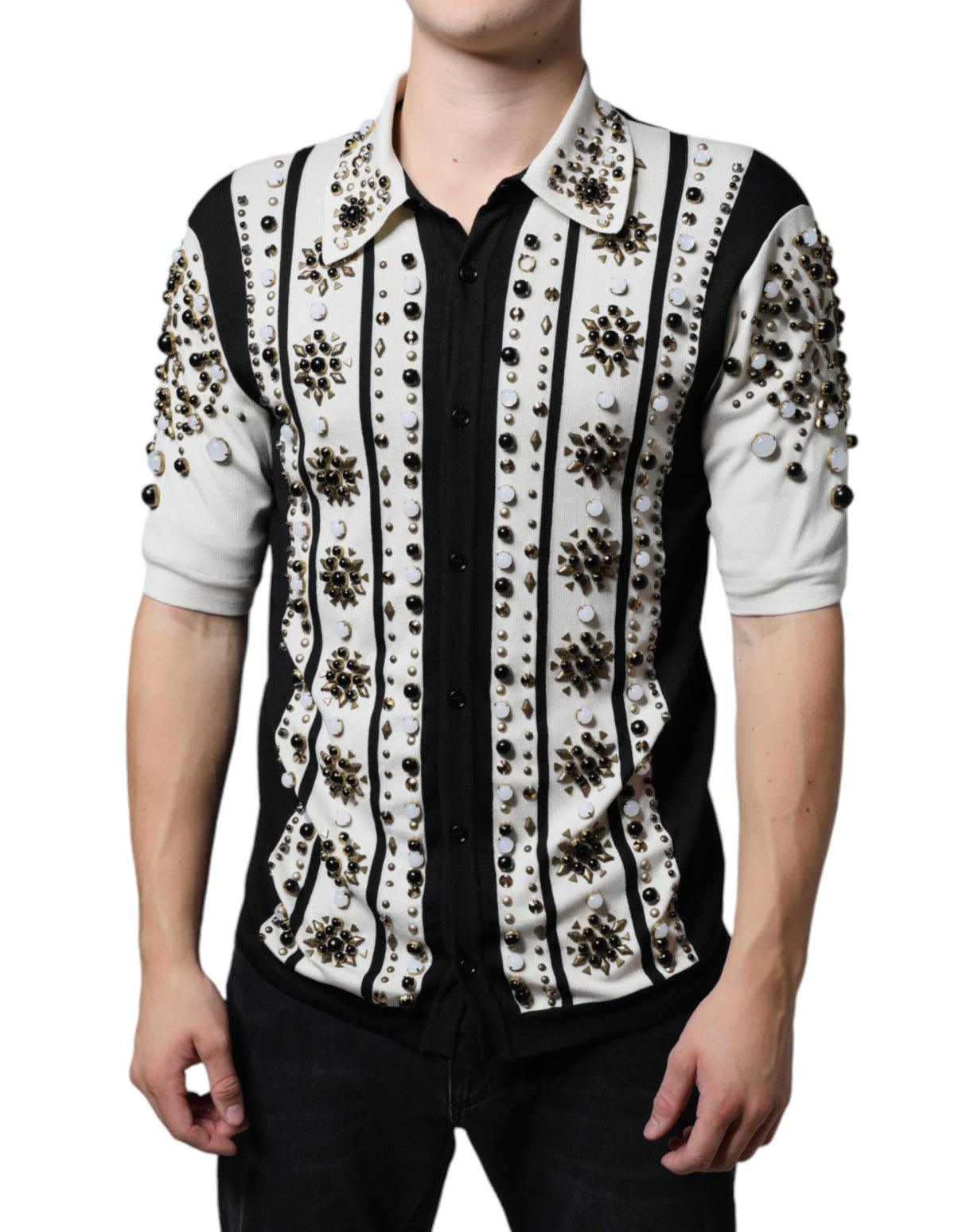 Dolce & Gabbana White Black Silk Studded Stone Crystal Shirt