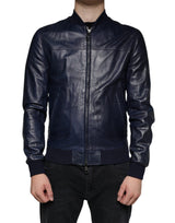 Dolce & Gabbana Blue Lambskin Leather Full Zip Biker Jacket