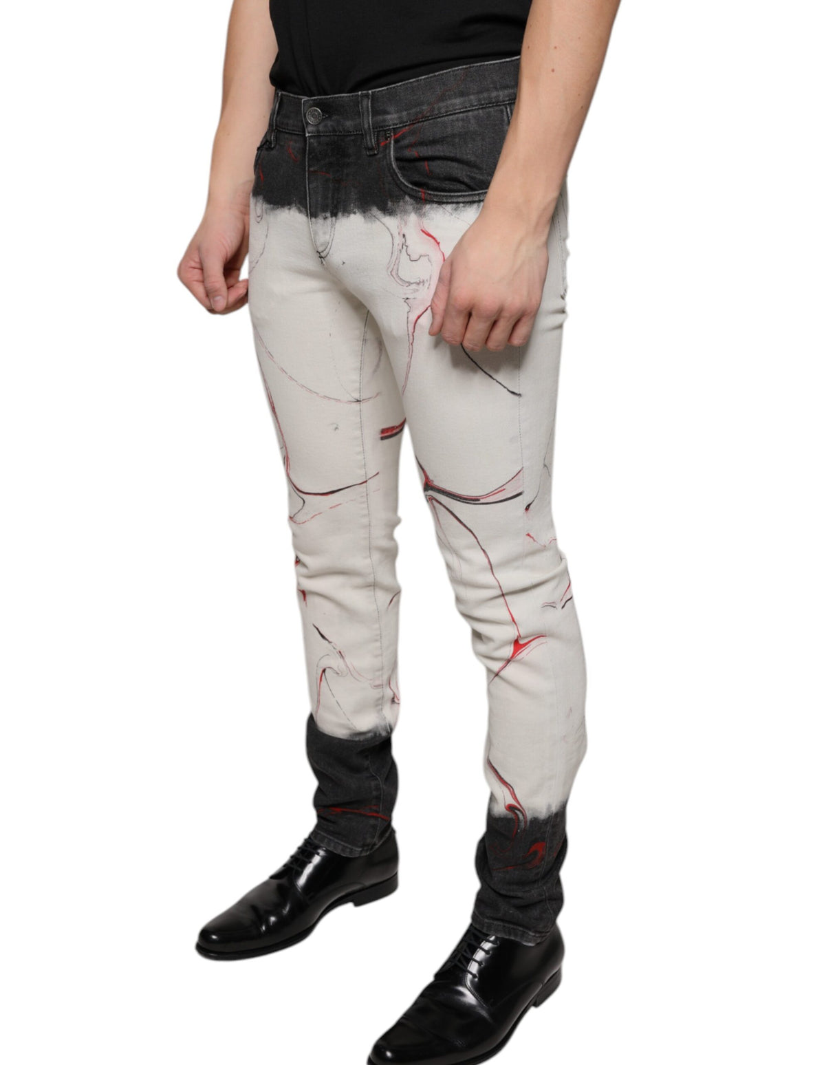 Dolce & Gabbana Black White Printed Skinny Men Denim Jeans