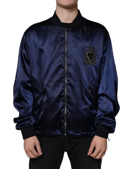 Dolce & Gabbana Blue Crown Heart Full Zip Men Bomber Jacket