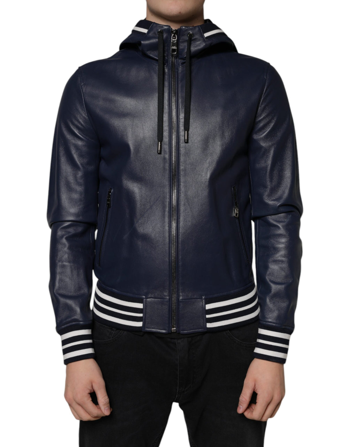 Dolce & Gabbana Blue Leather Full Zip Hooded Bomber Jacket