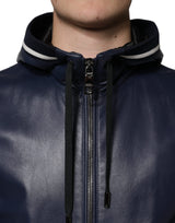 Dolce & Gabbana Blue Leather Full Zip Hooded Bomber Jacket