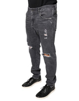 Dolce & Gabbana Dark Gray Tattered Cotton Skinny Denim Jeans