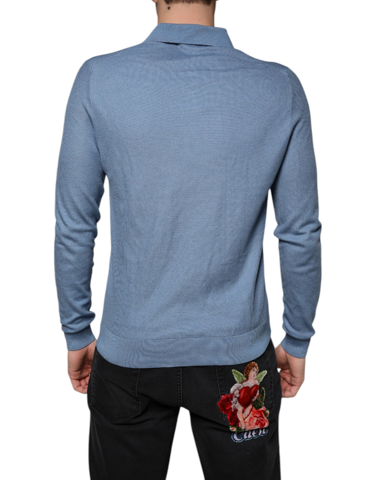 Dolce & Gabbana Sky Blue Silk Collared Men Pullover Sweater