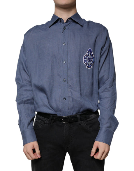 Dolce & Gabbana Blue Logo Long Sleeve Button Down Casual Shirt