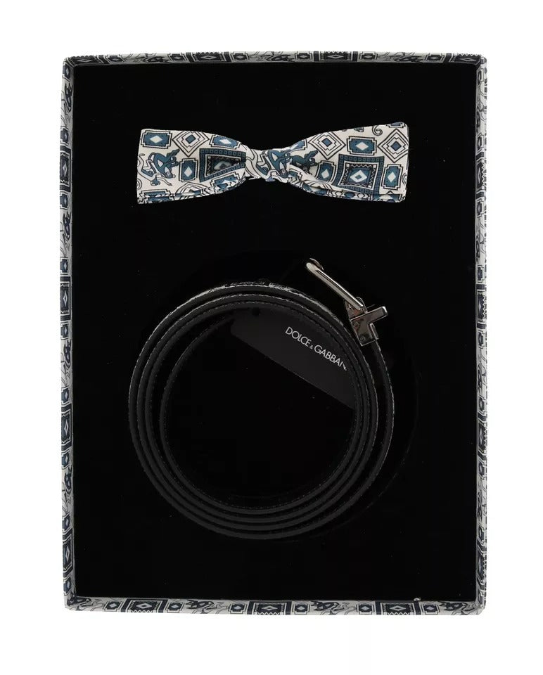 Dolce & Gabbana White Blue Silk Bowtie Leather Belt Gift Box Set