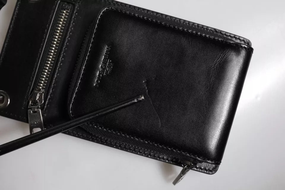 Dolce & Gabbana Black Horse Leather Zip Logo Shoulder Neck Strap Wallet