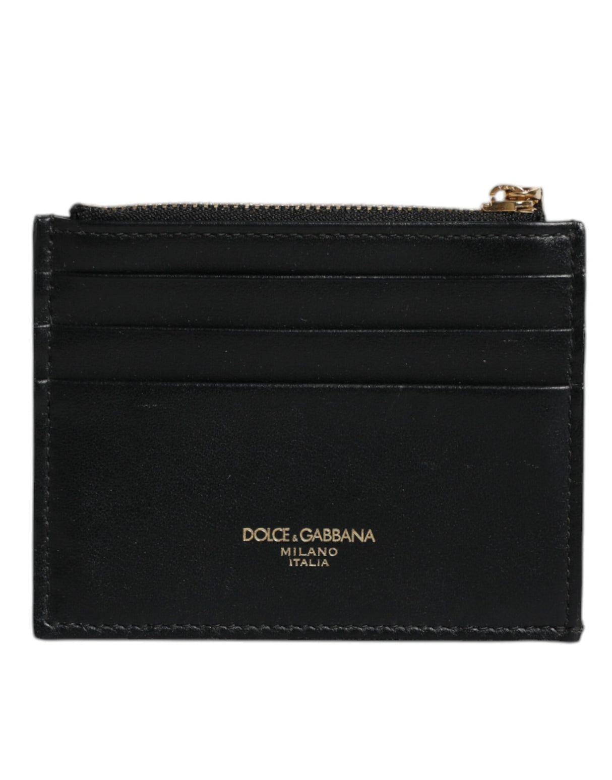 Dolce & Gabbana Black Leather Card Holder Case DG Logo Zip Wallet