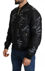 Dolce & Gabbana Black Logo Patch Brocade Bomber Full Zip Jacket