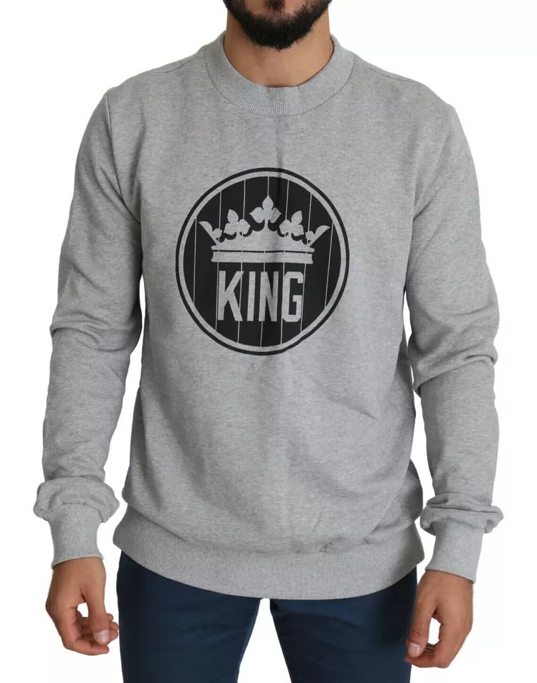 Dolce & Gabbana Gray Crown King Print Cotton Pullover Sweater