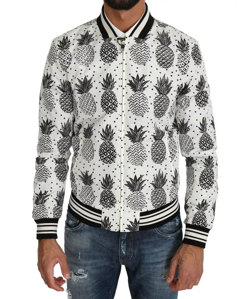 Dolce & Gabbana White Black Pineapple Bomber Coat Jacket