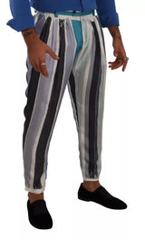 Dolce & Gabbana Blue Striped Silk Tapered Pants