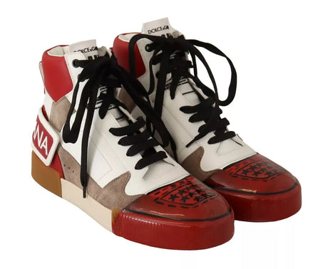 Dolce & Gabbana Red White Beige Leather High Tops Sneakers Shoes