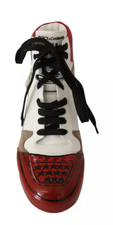 Dolce & Gabbana Red White Beige Leather High Tops Sneakers Shoes