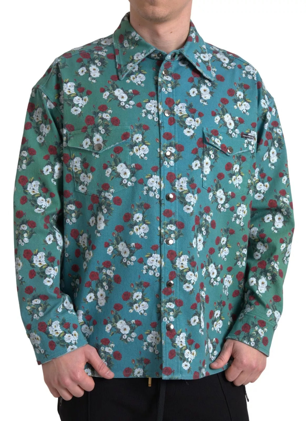 Dolce & Gabbana Blue Floral Cotton Button Down Denim Shirt