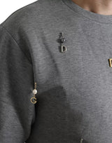 Dolce & Gabbana Gray Cotton Embellished Crew Neck  T-shirt