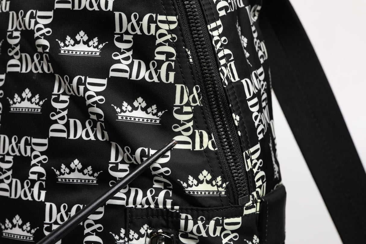 Dolce & Gabbana Black White Crown Printed Nylon School Backpack Bag