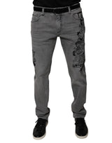 Dolce & Gabbana Gray Graphic Print Cotton Skinny Denim Jeans