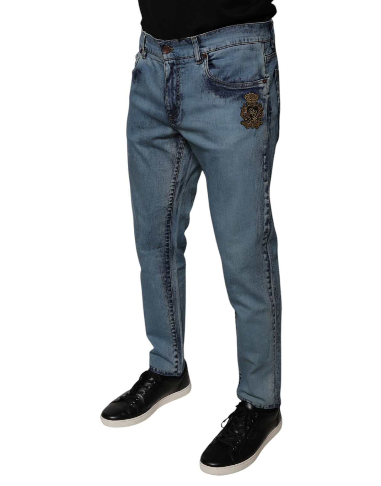 Dolce & Gabbana Blue Cotton DG Crown Patch Skinny Denim Jeans