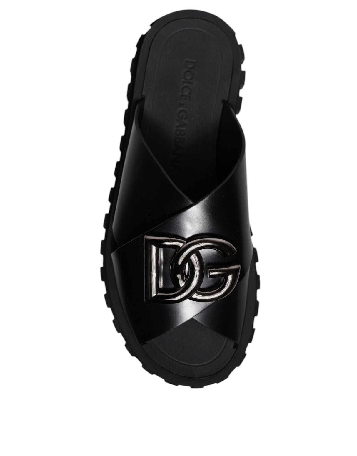 Dolce & Gabbana Black Leather DG Criss Cross Slides Sandals Shoes