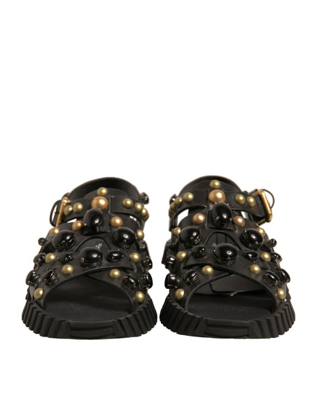 Dolce & Gabbana Black Leather Studded Slides Sandals Shoes