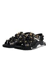 Dolce & Gabbana Black Leather Studded Slides Sandals Shoes