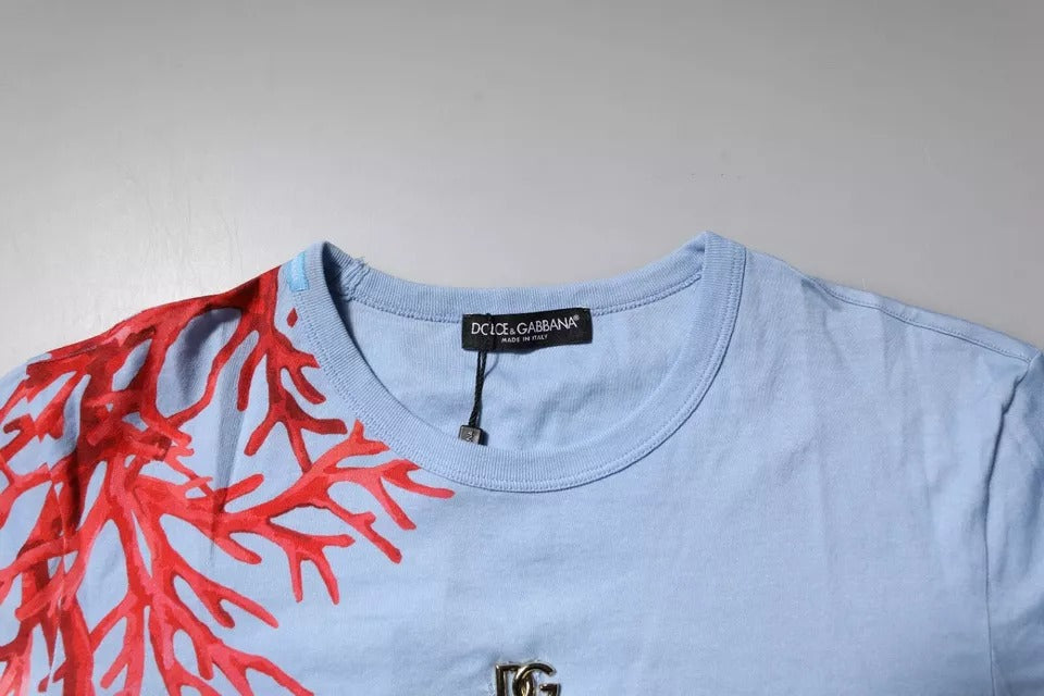 Dolce & Gabbana Light Blue Coral Cotton Men Crew Neck T-shirt