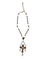 Dolce & Gabbana Gold Brass Black Beaded Chain Rosary Pendant Necklace