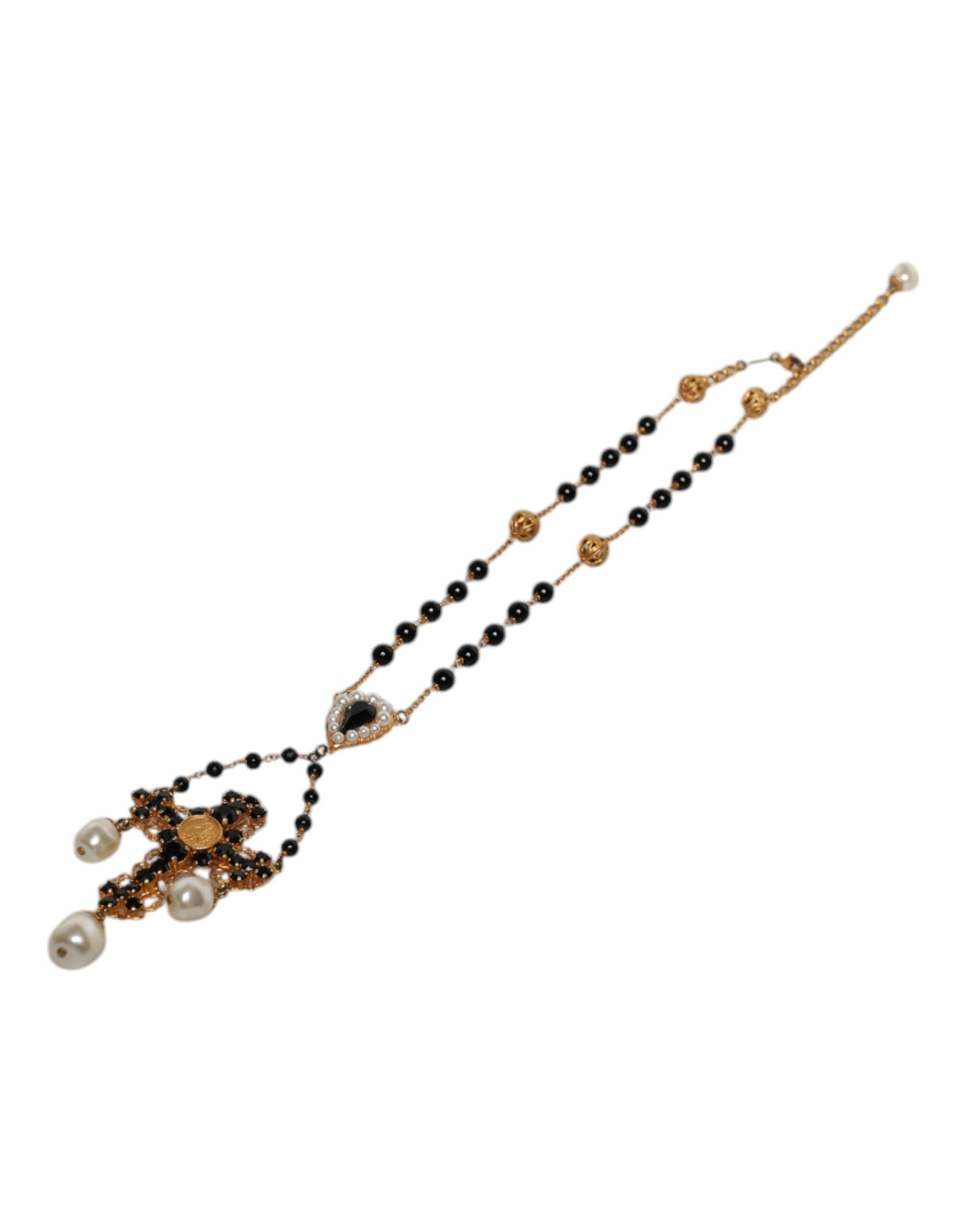 Dolce & Gabbana Gold Brass Black Beaded Chain Rosary Pendant Necklace