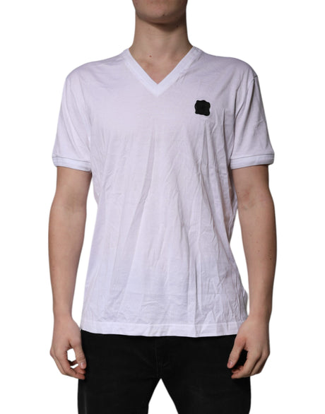 Dolce & Gabbana White Cotton Logo Patch V-neck Tee T-shirt