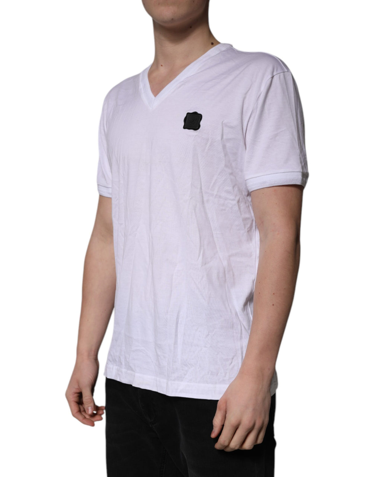 Dolce & Gabbana White Cotton Logo Patch V-neck Tee T-shirt