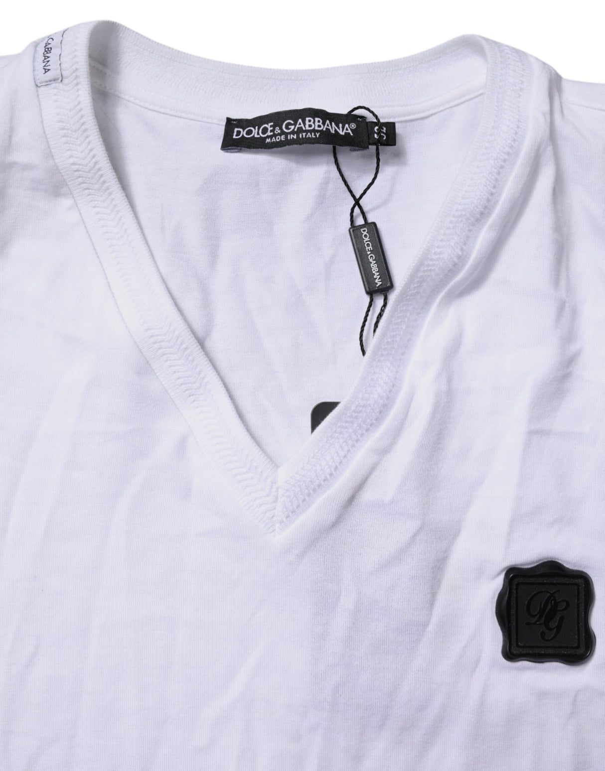 Dolce & Gabbana White Cotton Logo Patch V-neck Tee T-shirt