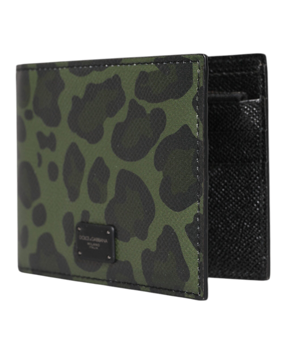 Dolce & Gabbana Black Green Leather DG Plaque Bifold Card Holder Wallet