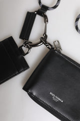 Dolce & Gabbana Black Leather Lanyard Zip Around Card Holder Wallet
