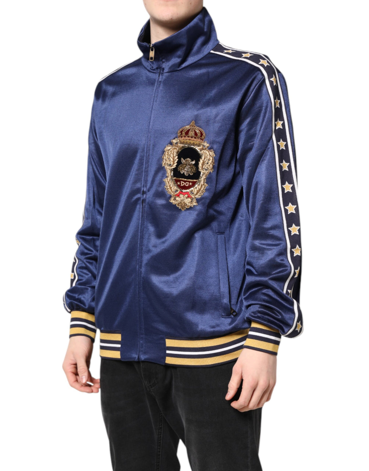 Dolce & Gabbana Blue Nylon Logo Patch Men Bomber Sweater