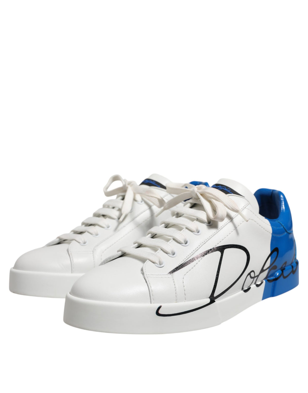 Dolce & Gabbana White Blue Logo Low Top Leather Sneakers Shoes