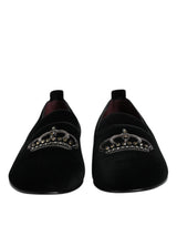 Dolce & Gabbana Black Velvet Crystal Crown Loafers Dress Shoes