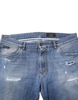 Dolce & Gabbana Blue Washed Tattered Logo Plaque Denim Jeans