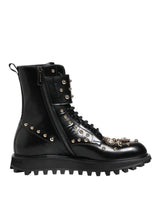 Dolce & Gabbana Black Studded Lace Up Mid Calf Boots Shoes