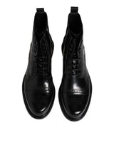 Dolce & Gabbana Black Leather Lace Up Mid Calf Boots Shoes