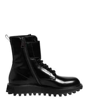Dolce & Gabbana Black Leather Lace Up Mid Calf Boots Shoes