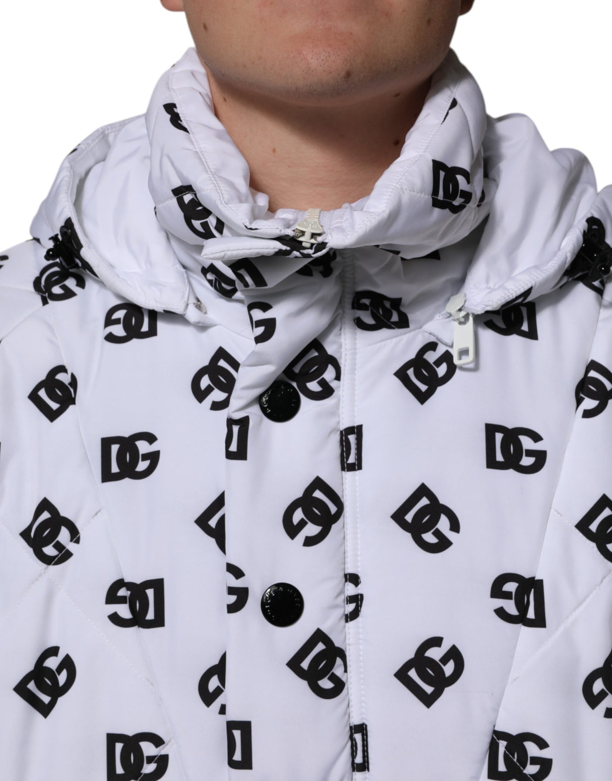 Dolce & Gabbana White DG Monogram Hooded Quilted Jacket