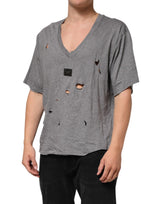 Dolce & Gabbana Gray Cotton Tattered Logo Patch Men T-shirt
